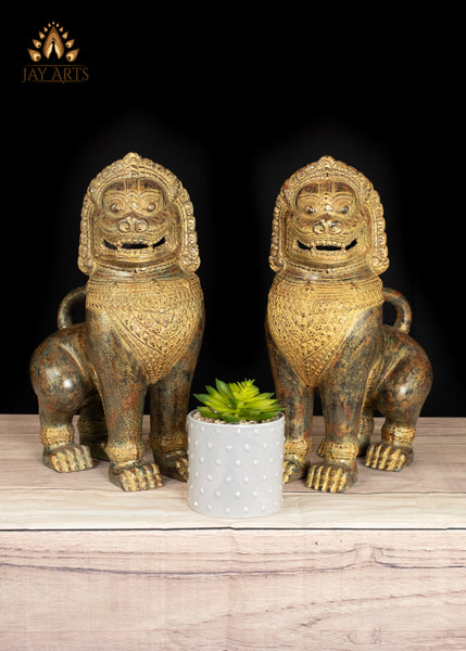 15" Bronze Temple Guardian Lions of Cambodia Finely Detailed with Brown Patina