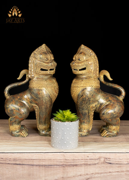 15" Bronze Temple Guardian Lions of Cambodia Finely Detailed with Brown Patina
