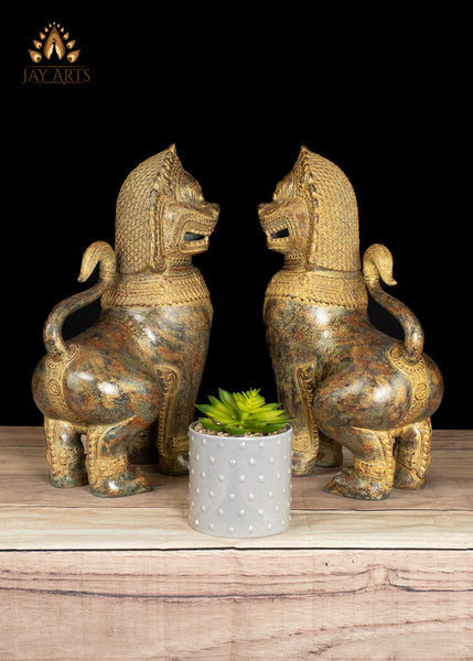 15" Bronze Temple Guardian Lions of Cambodia Finely Detailed with Brown Patina