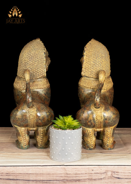 15" Bronze Temple Guardian Lions of Cambodia Finely Detailed with Brown Patina
