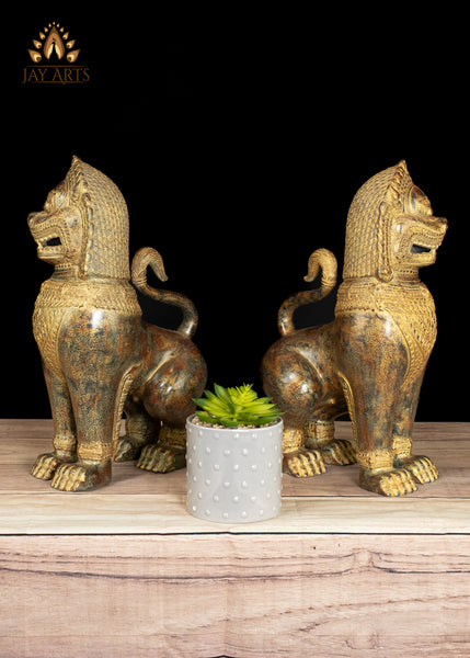 15" Bronze Temple Guardian Lions of Cambodia Finely Detailed with Brown Patina