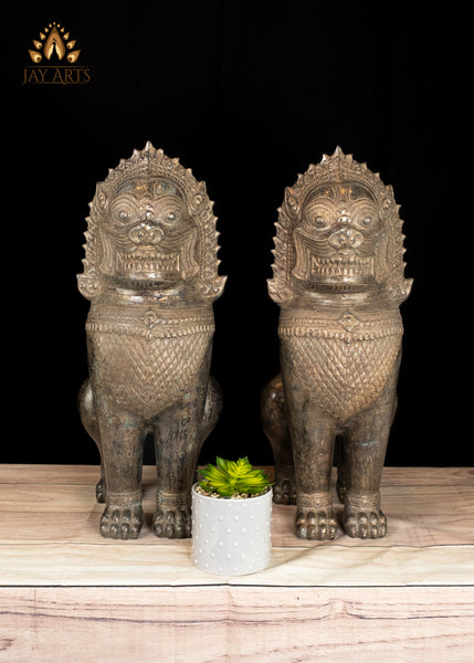 22" Majestic Khmer Guardian Lions Bronze Sculpture Symbol of Strength and Protection