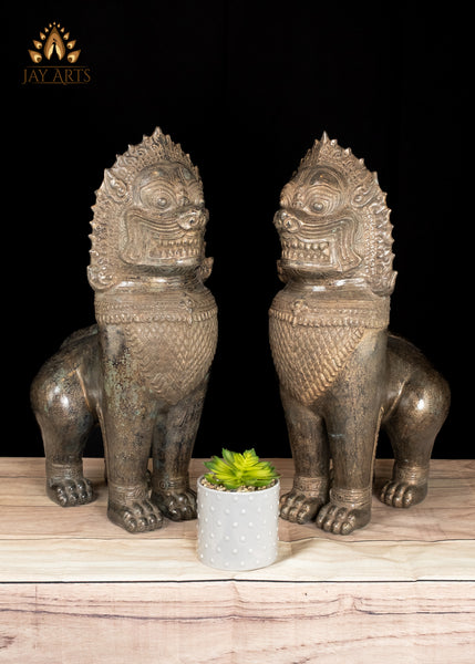 22" Majestic Khmer Guardian Lions Bronze Sculpture Symbol of Strength and Protection
