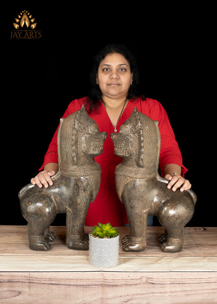 22" Majestic Khmer Guardian Lions Bronze Sculpture Symbol of Strength and Protection