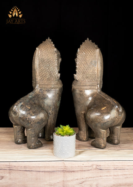 22" Majestic Khmer Guardian Lions Bronze Sculpture Symbol of Strength and Protection