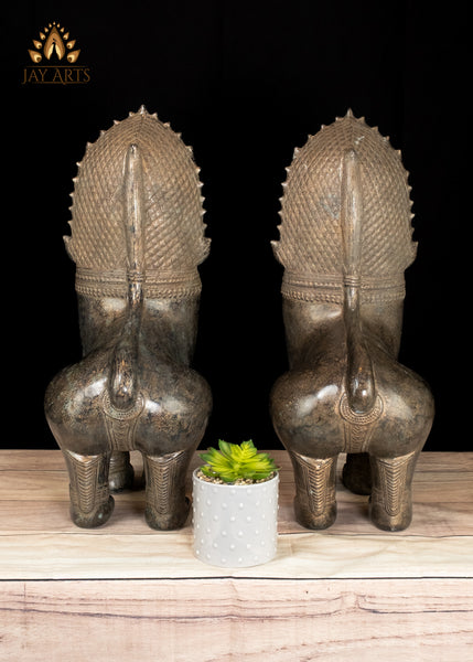 22" Majestic Khmer Guardian Lions Bronze Sculpture Symbol of Strength and Protection