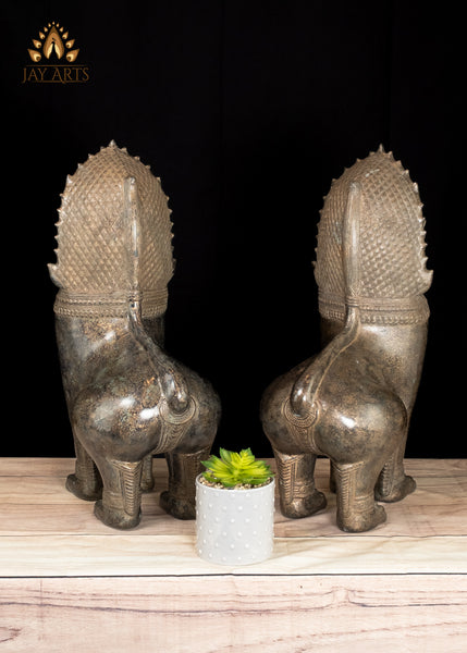 22" Majestic Khmer Guardian Lions Bronze Sculpture Symbol of Strength and Protection