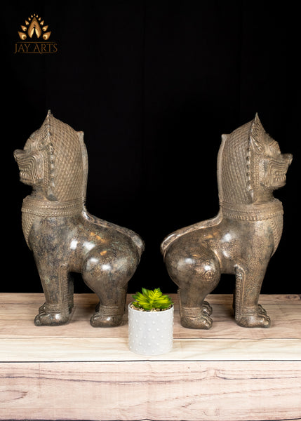 22" Majestic Khmer Guardian Lions Bronze Sculpture Symbol of Strength and Protection