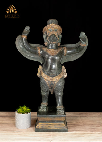28" Cambodian Bronze Garuda Statue with Outstretched Wings in Divine Guardian Exquisitely Detailed