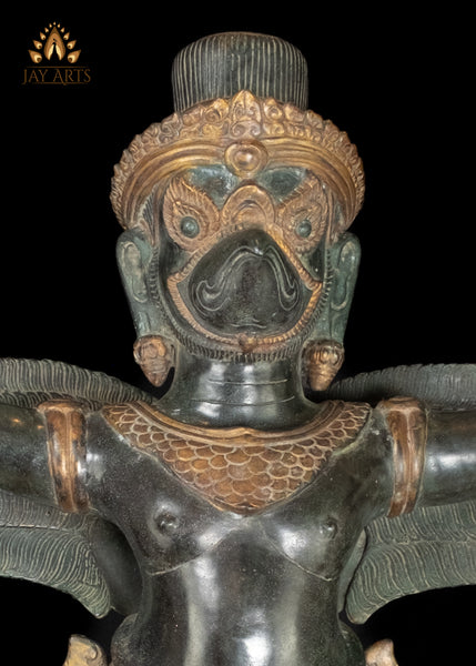 28" Cambodian Bronze Garuda Statue with Outstretched Wings in Divine Guardian Exquisitely Detailed