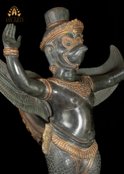 28" Cambodian Bronze Garuda Statue with Outstretched Wings in Divine Guardian Exquisitely Detailed