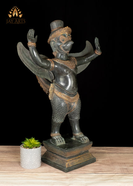 28" Cambodian Bronze Garuda Statue with Outstretched Wings in Divine Guardian Exquisitely Detailed
