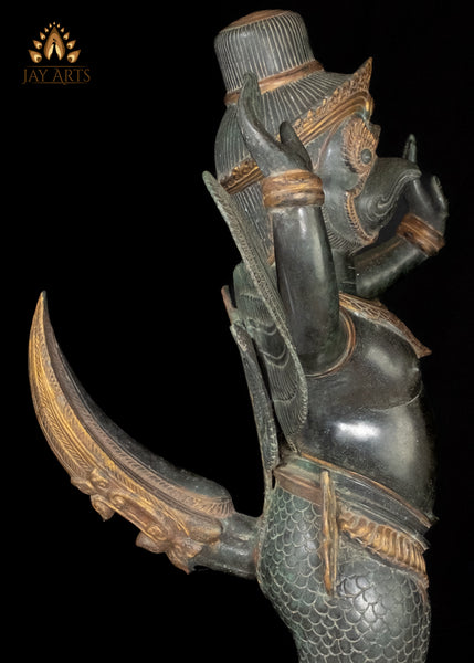 28" Cambodian Bronze Garuda Statue with Outstretched Wings in Divine Guardian Exquisitely Detailed