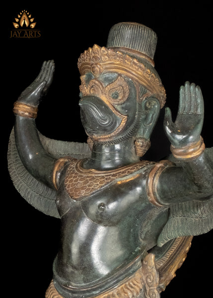 28" Cambodian Bronze Garuda Statue with Outstretched Wings in Divine Guardian Exquisitely Detailed
