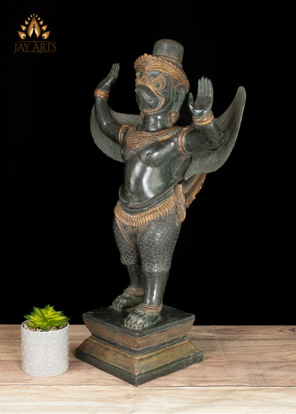 28" Cambodian Bronze Garuda Statue with Outstretched Wings in Divine Guardian Exquisitely Detailed
