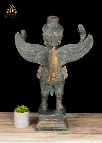 28" Cambodian Bronze Garuda Statue with Outstretched Wings in Divine Guardian Exquisitely Detailed
