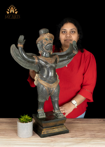 28" Cambodian Bronze Garuda Statue with Outstretched Wings in Divine Guardian Exquisitely Detailed