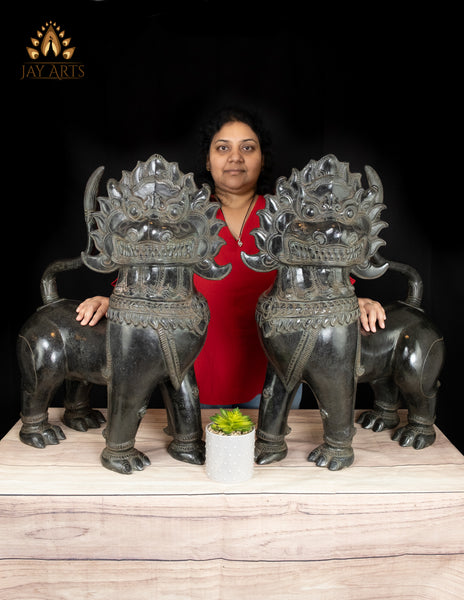 27" Majestic Temple Guardian Lions Meticulously Crafted Bronze Foo Dogs