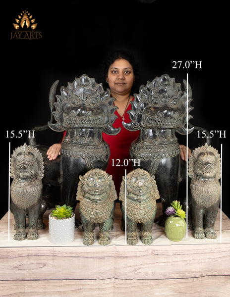 15" Bronze Temple Lions with Expressive Guardian Faces Handmade in Cambodia