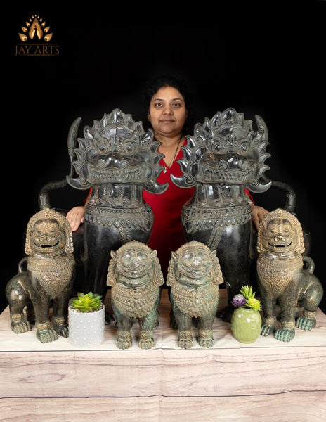 15" Sacred Bronze Temple Lions Highly Detailed Green Patina Handmade in Cambodia
