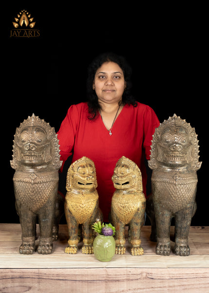 15" Bronze Temple Guardian Lions of Cambodia Finely Detailed with Brown Patina