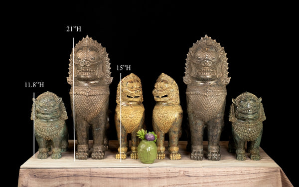 12" Cambodian Style Bronze Temple Lions Finely Detailed with Aged Green Finish