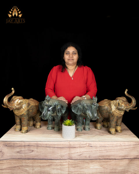 15" Cambodian Bronze Elephant Pair with Raised Trunks Symbol of Prosperity