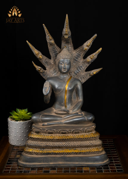 Sacred Naga Buddha Brass Statue with Seven-Headed Serpent 20"