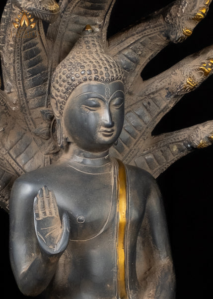 Sacred Naga Buddha Brass Statue with Seven-Headed Serpent 20"