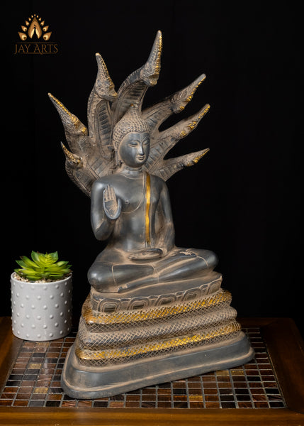 Sacred Naga Buddha Brass Statue with Seven-Headed Serpent 20"