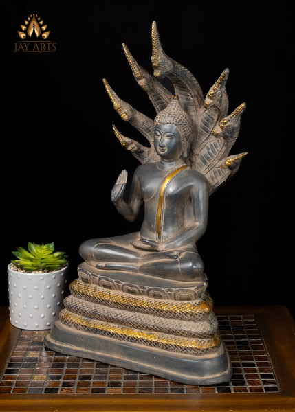 Sacred Naga Buddha Brass Statue with Seven-Headed Serpent 20"