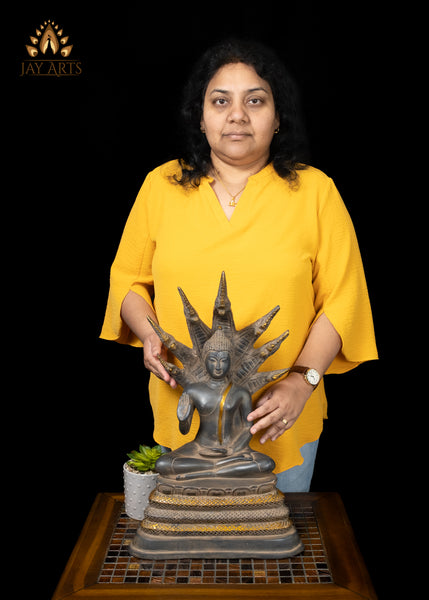 Sacred Naga Buddha Brass Statue with Seven-Headed Serpent 20"