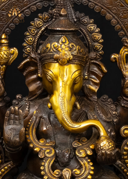 Brass Blessing Ganesha with Kalash & Mouse Rich Brown Patina 18"