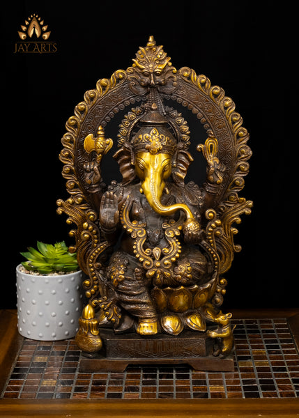 Brass Blessing Ganesha with Kalash & Mouse Rich Brown Patina 18"