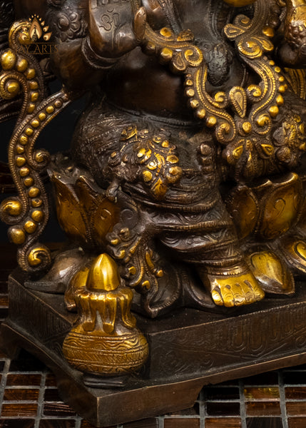 Brass Blessing Ganesha with Kalash & Mouse Rich Brown Patina 18"