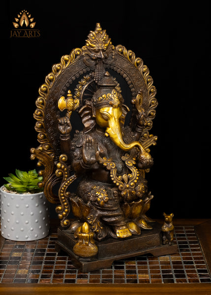 Brass Blessing Ganesha with Kalash & Mouse Rich Brown Patina 18"