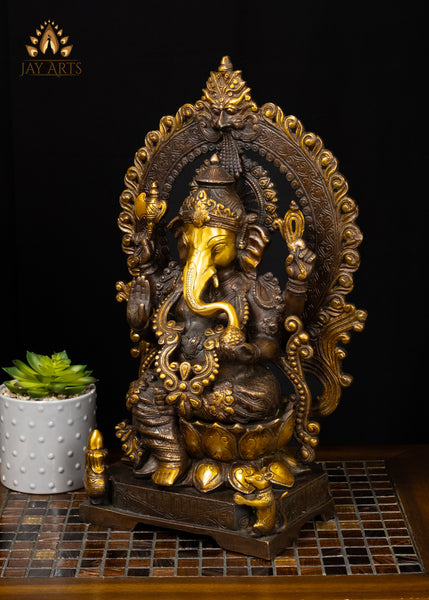 Brass Blessing Ganesha with Kalash & Mouse Rich Brown Patina 18"