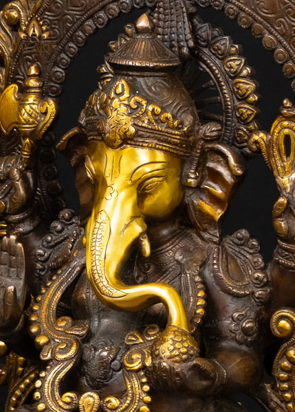 Brass Blessing Ganesha with Kalash & Mouse Rich Brown Patina 18"