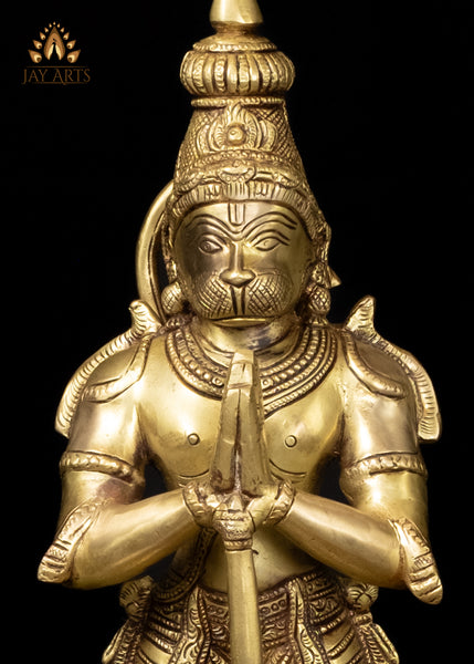 15" Brass Hanuman Statue in Anjali Mudra Symbol of Devotion
