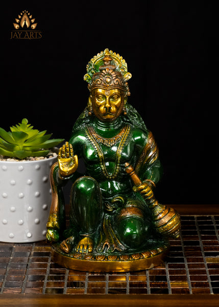 10" Powerful Hanuman in Abhaya Mudra Brass Statue Green Finish
