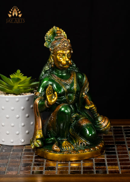 10" Powerful Hanuman in Abhaya Mudra Brass Statue Green Finish