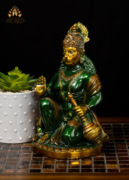 10" Powerful Hanuman in Abhaya Mudra Brass Statue Green Finish