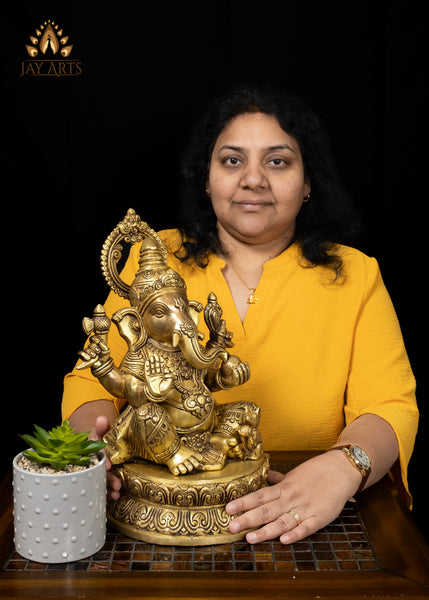 14" Divine Seated Ganesha Brass Sculpture with Ornate Halo and Sacred Attributes