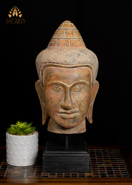 18" Serene Buddha Head on Wooden Base Rust Red and Muted Yellow Finish