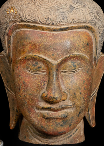 18" Serene Buddha Head on Wooden Base Rust Red and Muted Yellow Finish