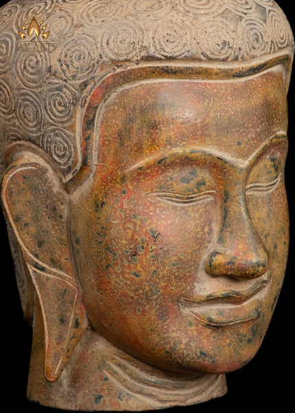 18" Serene Buddha Head on Wooden Base Rust Red and Muted Yellow Finish