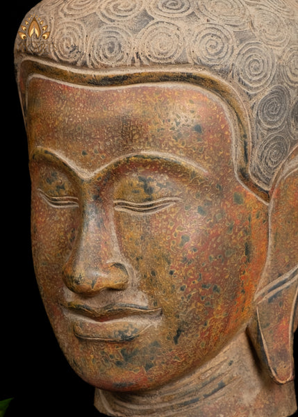 18" Serene Buddha Head on Wooden Base Rust Red and Muted Yellow Finish