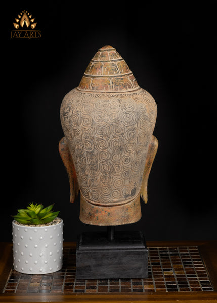 18" Serene Buddha Head on Wooden Base Rust Red and Muted Yellow Finish
