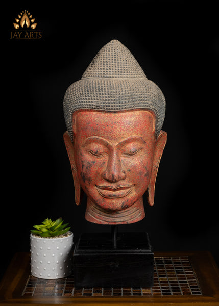 22" Tranquil Wood Buddha Head on Wooden Base Hand-Carved in Cambodia