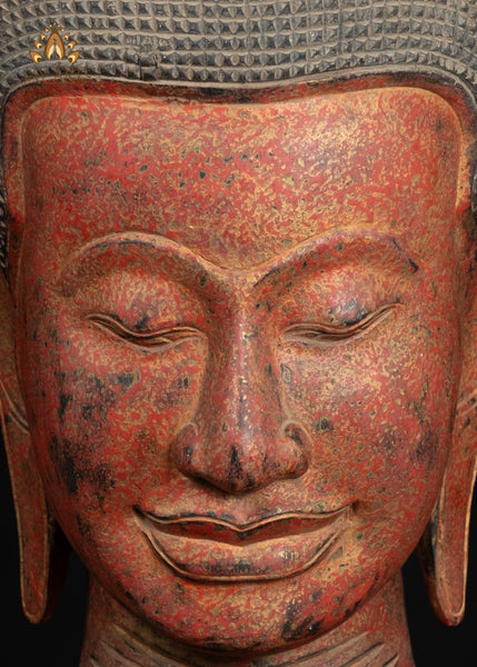 22" Tranquil Wood Buddha Head on Wooden Base Hand-Carved in Cambodia